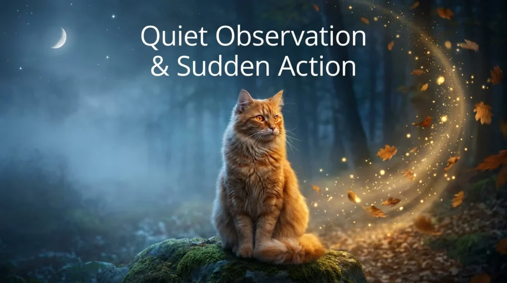 Cats are often viewed symbolically as animals that move between quiet observation and sudden action